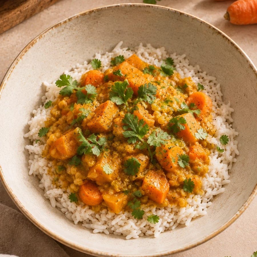 Un bol de dhal de lentilles corail aux dés de potimarron et de carotte, servi sur du riz avec de la coriandre fraîche