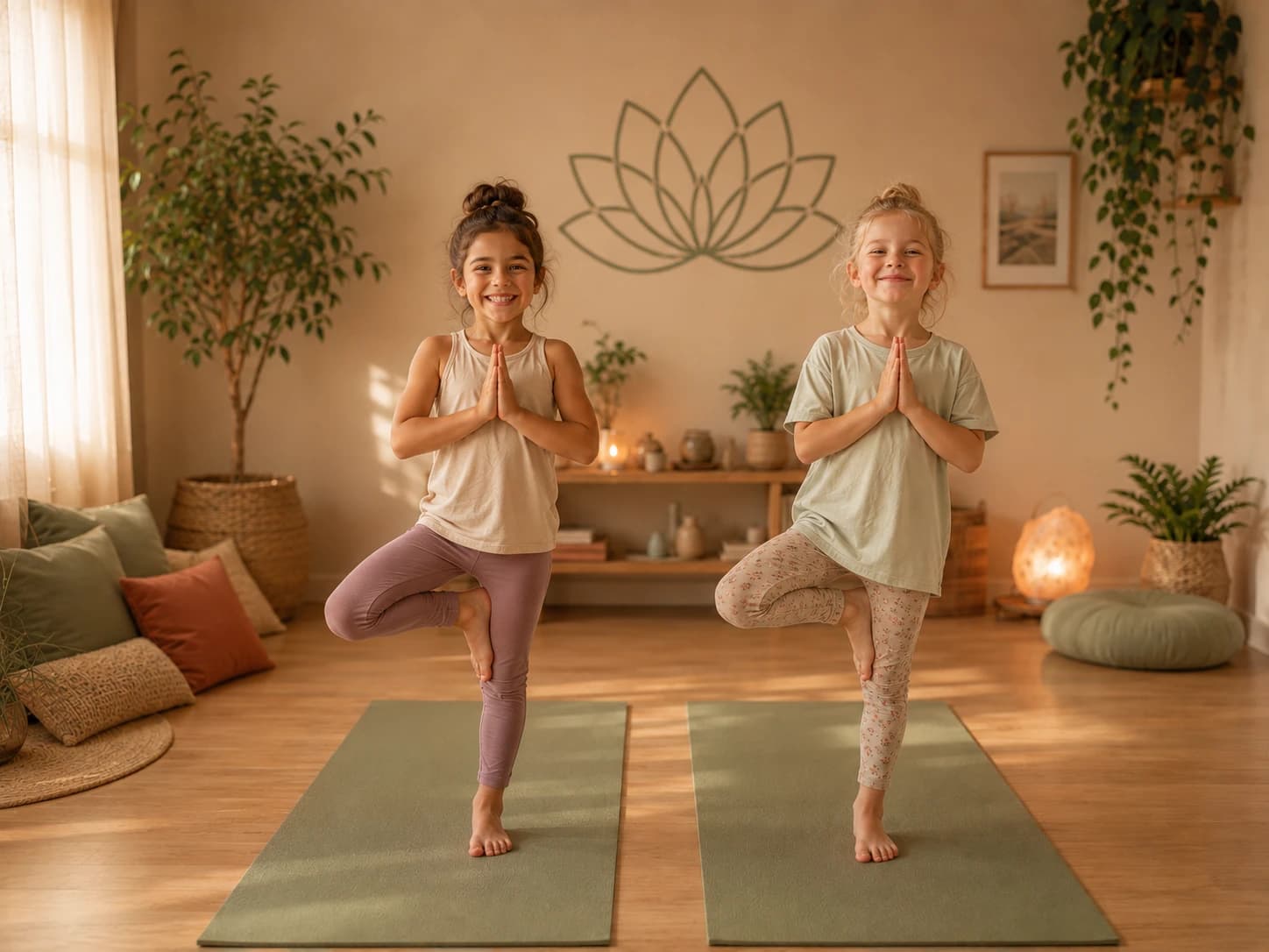 Illustration : deux enfants en posture de l'arbre sur des tapis de yoga